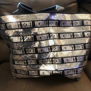 Victoria's Secret Silver Sequin Logo Tote with Black Straps